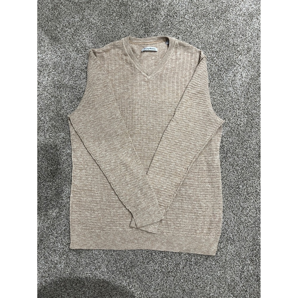 Tommy Bahama Mens XL Tan Cotton Waffle Knit V-Neck Sweater Long Sleeve